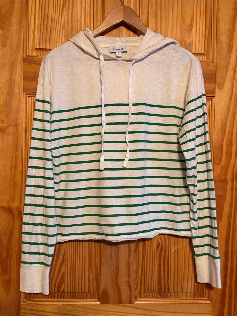 Evereve Cream Hooded Long-Sleeve Top with Green Stripes